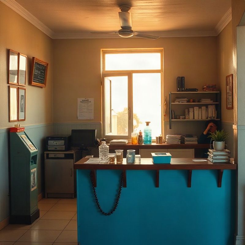 Tidy local service counter in a Malindi office with natural coastal light